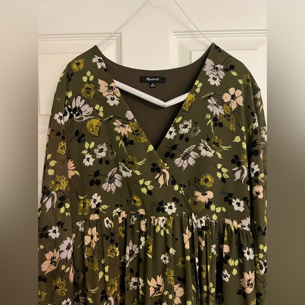 Madewell midi dress olive floral, print, long sleeve